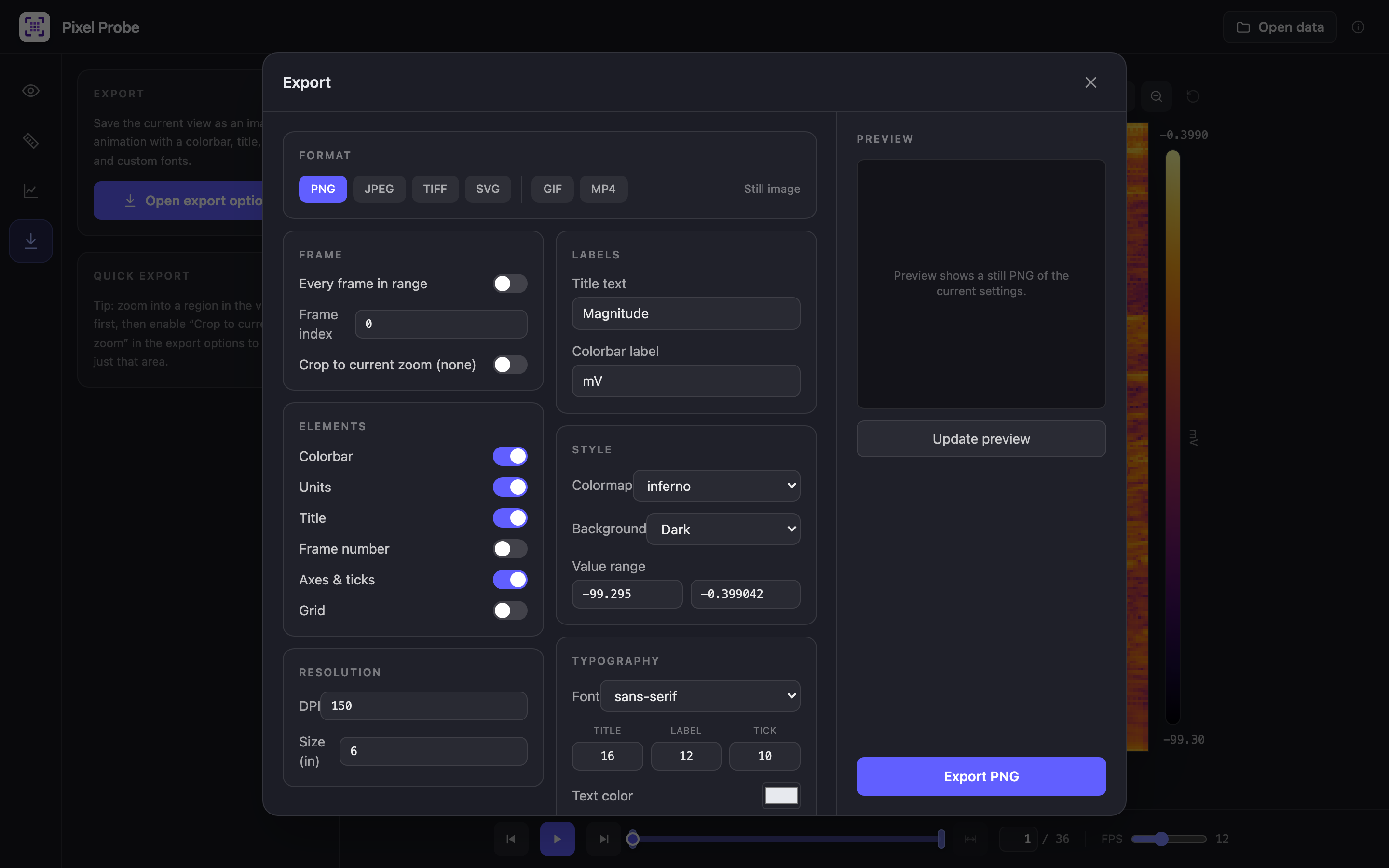 Export dialog with format, elements and typography controls