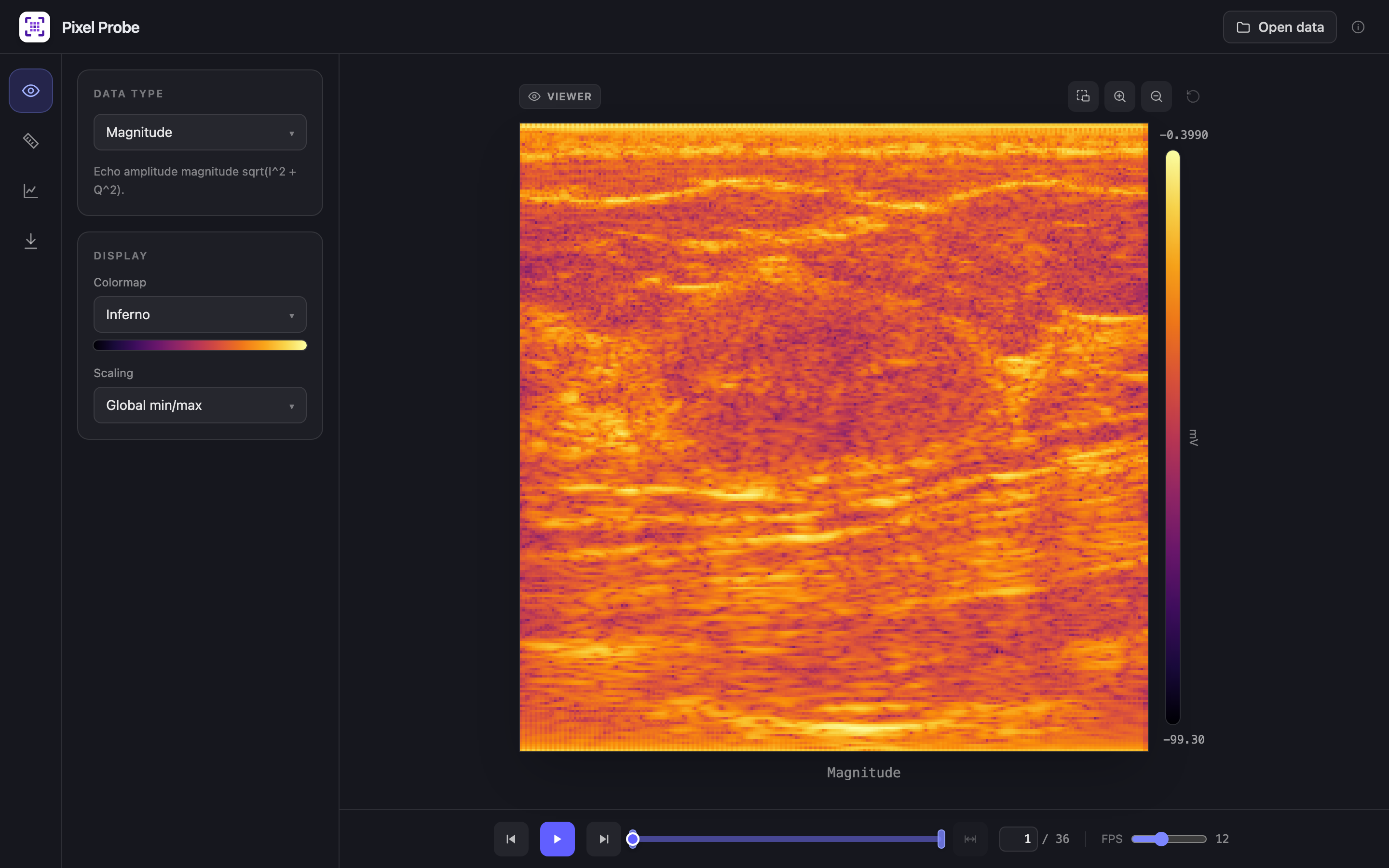 Viewer with channel selection, colormap, scaling and playback